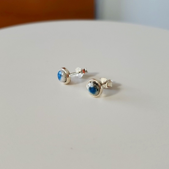 Jasper 925 Earrings Sterling Silver Stud Post Blue White Evil Eye Round Stack - Picture 6 of 8